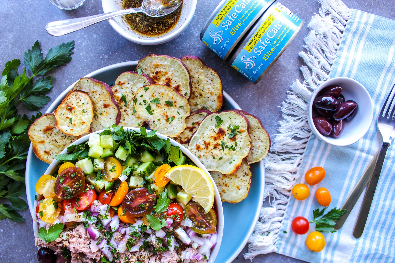Mediterranean Tuna Salad with Baked Sweet Potato Rounds