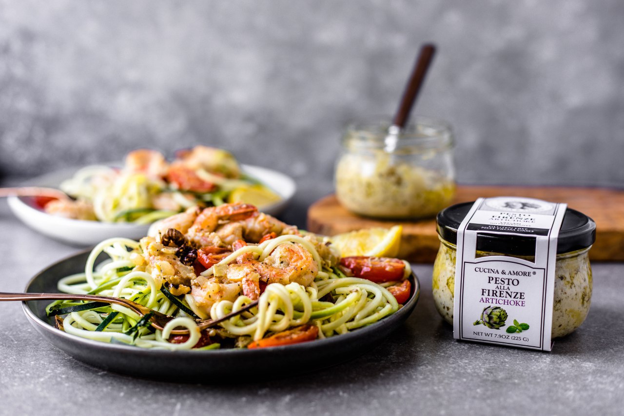 Cherry Tomato-Artichoke Pesto Zoodles with Shrimp