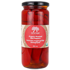 Front of Divina Organic Roasted Red Peppers, 450ml