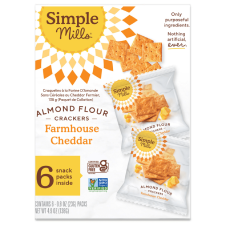 Front of Simple Mills Grain-Free Almond Flour Crackers Farmhouse Cheddar Snack Pack, 138g