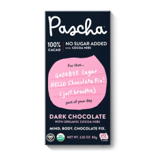 Front of Pascha Black Bar 100% Cacao Dark Chocolate with Cocoa Nibs, 80g