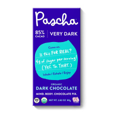 Front of Pascha 85% Cacao Organic Dark Chocolate, 80g