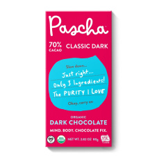 Front of Pascha 70% Cacao Organic Dark Chocolate, 80g