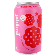 Front of Poppi Prebiotic Soda Raspberry Rose, 355mL