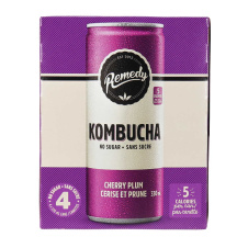 Front of Remedy No Sugar Kombucha Cherry Plum, 4 x 330mL cans