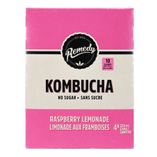 Front of Remedy No Sugar Kombucha Raspberry Lemonade, 4 x 330mL cans