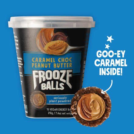 Front of Frooze Balls Vegan Energy Bites Caramel Chocolate Peanut Butter
