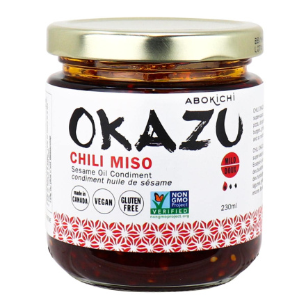 Front of Abokichi Okazu Chili Miso Sesame Oil Condiment, 230mL