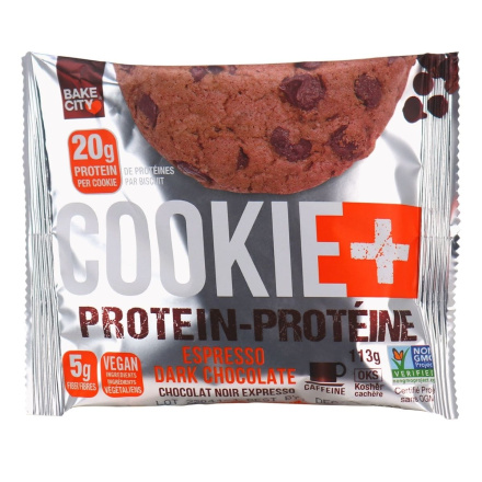 Front of Bake City Vegan Protein Cookies Espresso Dark Chocolate