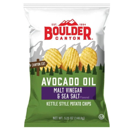 Front of Boulder Canyon Kettle Style Potato Chips With Avocado Oil Malt Vinegar & Sea Salt