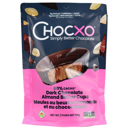 Front of ChocXO Almond Butter Cups Dark Chocolate, 98g