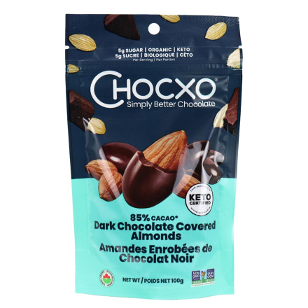 Front of ChocXO Choc Keto Dark Chocolate Covered Almonds, 100g