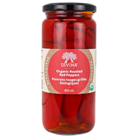 Front of Divina Organic Roasted Red Peppers, 450ml