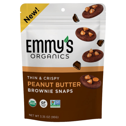 Front of Emmy’s Organics Gluten-Free Thin & Crispy Brownie Snaps Peanut Butter, 95g