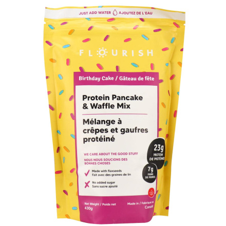 Front of Flourish Protein Pancake & Waffle Mix Birthday Cake, 430g