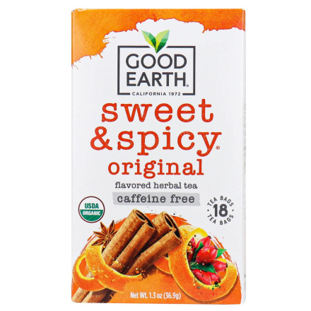 Front of Good Earth Flavoured Herbal Tea Sweet & Spicy Original Caffeine Free, 18 Bags