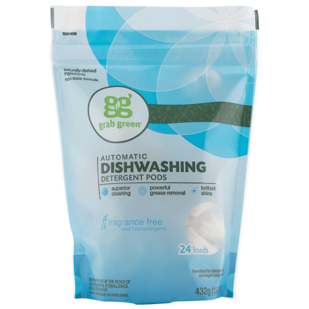 Front of grab green Automatic Dishwashing Detergent Pods Fragrance Free, 24 Loads