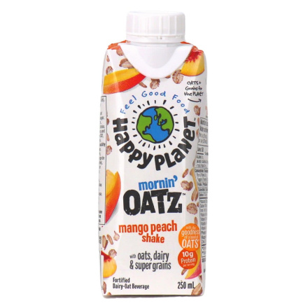 Front of Happy Planet Monin' Oatz Shake Mango Peach