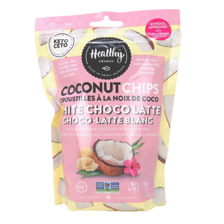 Front of Healthy Crunch Keto Coconut Chips White Choco’latte, 100g