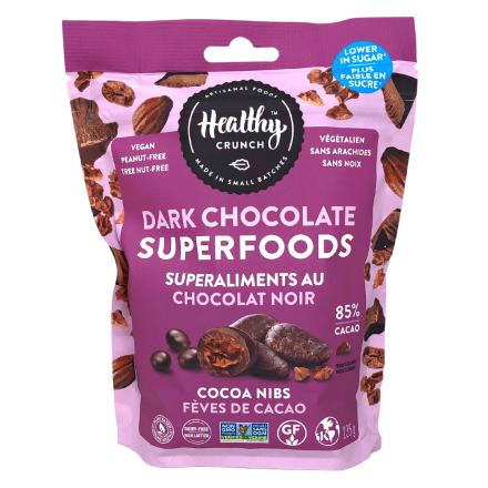 Front of Healthy Crunch Vegan Dark Chocolate Superfoods Cocoa Nibs
