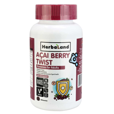 Front of Herbaland Sugar-Free Acai Berry Twist Gummies for Adults, 90 Gummies