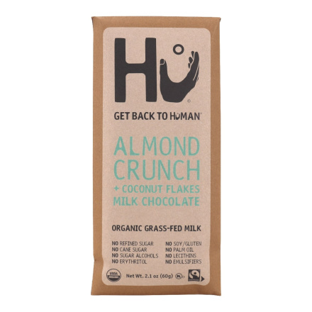 Front of Hu Kitchen Almond Crunch  & Coconut Flakes Grass-Fed Milk Chocolate