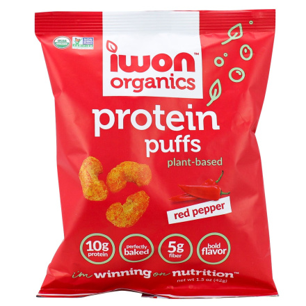 Front of IWON Organics Plant-Based Protein Puffs Red Pepper, 42g