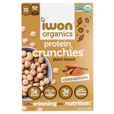 Front of Iwon Organics Plant-Based Protein Crunchies Cinnamon, 198g