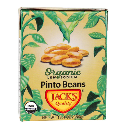 Front of Jack’s Quality Beans Organic Low Sodium Pinto Beans, 380g