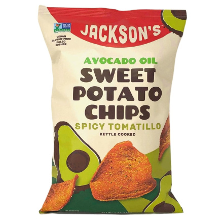 Front of Jackson's Sweet Potato Chips with Avocado Oil Spicy Tomatillo