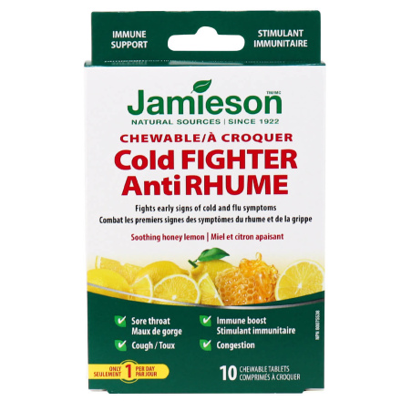 Front of Jamieson Vitamins Chewable Cold Fighter Honey Lemon, 10 Tablets