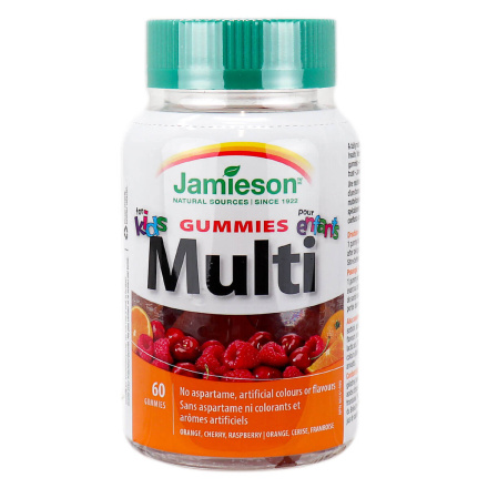 Front of Jamieson Vitamins Multi Gummies For Kids Orange, Cherry, Raspberry, 60 Gummies