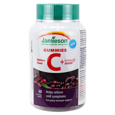 Front of Jamieson Vitamins Vitamin C + Immune Shield Gummies Elderberry, 60 Gummies