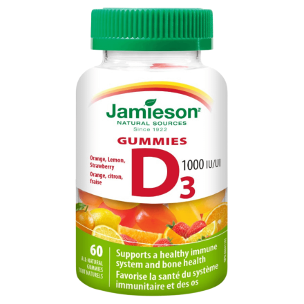 Front of Jamieson Vitamins Vitamin D3 Gummies 1000 IU Orange, Lemon, Strawberry, 60 Gummies