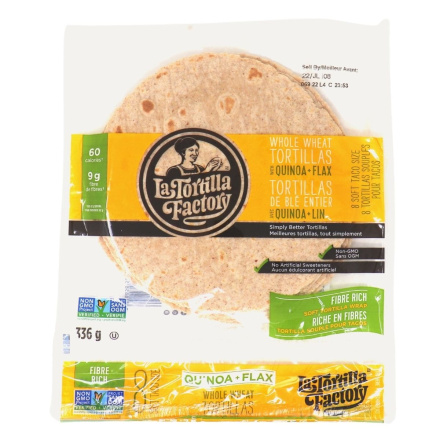 Front of La Tortilla Factory Whole Wheat Tortilla With Quinoa and Flax