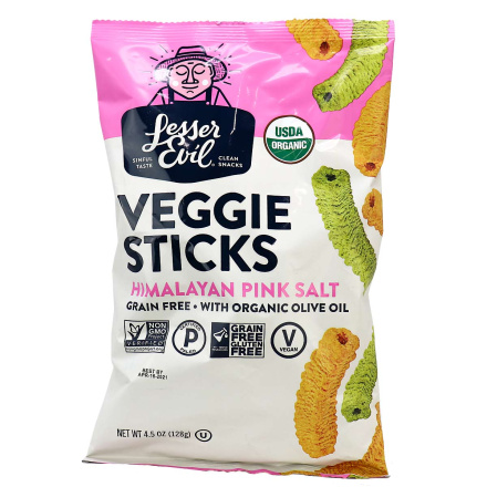 Front of Lesser Evil Grain-Free Veggie Sticks Himalayan Pink Salt, 128g