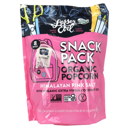 Front of Lesser Evil Organic Popcorn Himalayan Pink Salt Snack Pack