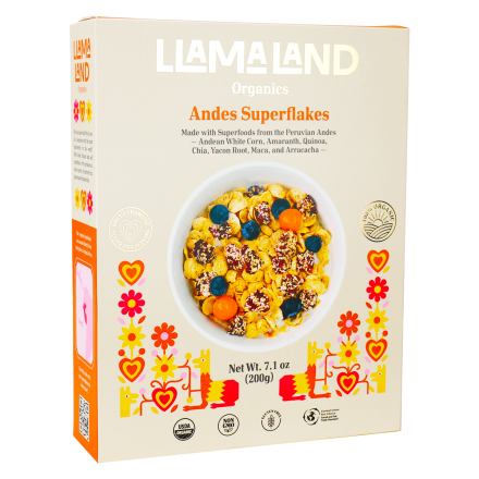 Front of Llama Land Organics Cereal Andes Superflakes