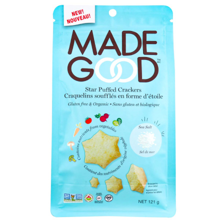 Front of MadeGood Gluten-Free & Organic Star Puffed Crackers Sea Salt, 121g