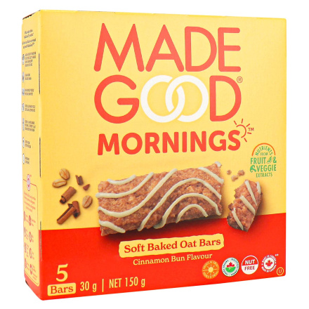 Front of MadeGood Mornings Gluten-Free Soft-Baked Oat Bars Cinnamon Bun, 5 Bars