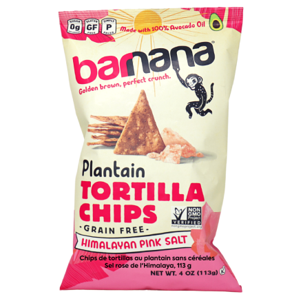Front of Barnana Plantain Tortilla Chips Himalayan Pink Salt