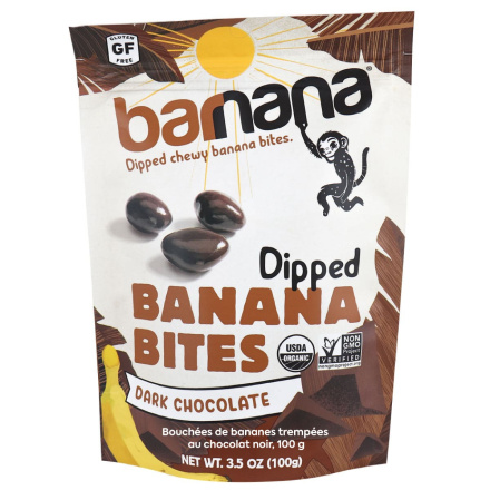 Front of Barnana Dipped Chewy Banana Bites Dark Chocolate, 100g