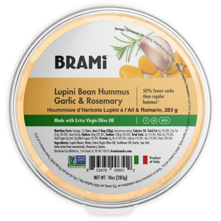 Front of Brami Lupini Bean Hummus Garlic Rosemary