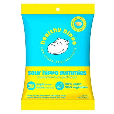 Front of Healthy Hippo Low Sugar Sour Hippo Gummies, 50g