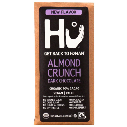 Front of Hu Kitchen Organic 70% Dark Chocolate Almond Crunch Bar, 60g