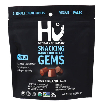 Front of Hu Kitchen Snacking Gems Dark Chocolate Simple, 99g