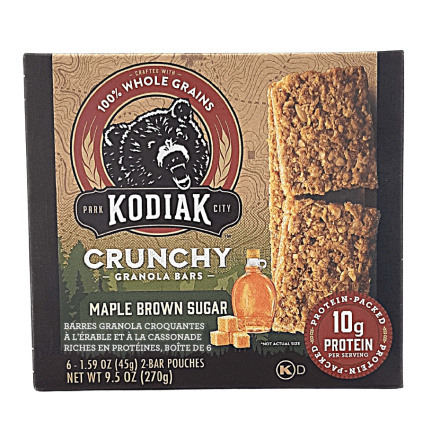 Front of Kodiak Cakes Protein-Packed Crunchy Maple Brown Sugar Granola Bars, 6 Pack Box