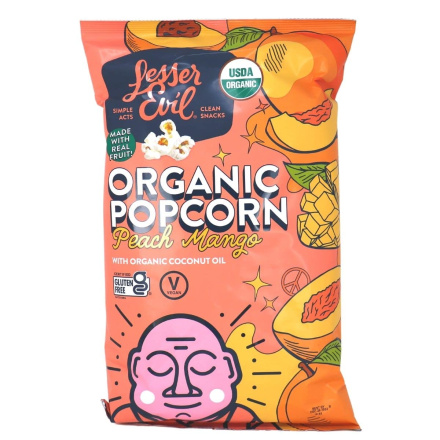 Front of Lesser Evil Organic Popcorn Peach Mango
