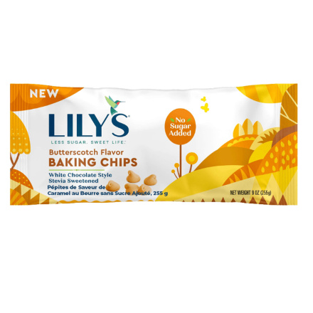 Front of Lily’s No Sugar Added Butterscotch Flavor Baking Chips, 255g