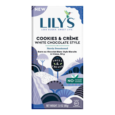 Front of Lily's Cookies & Creme White Chocolate Style Bar, 80g